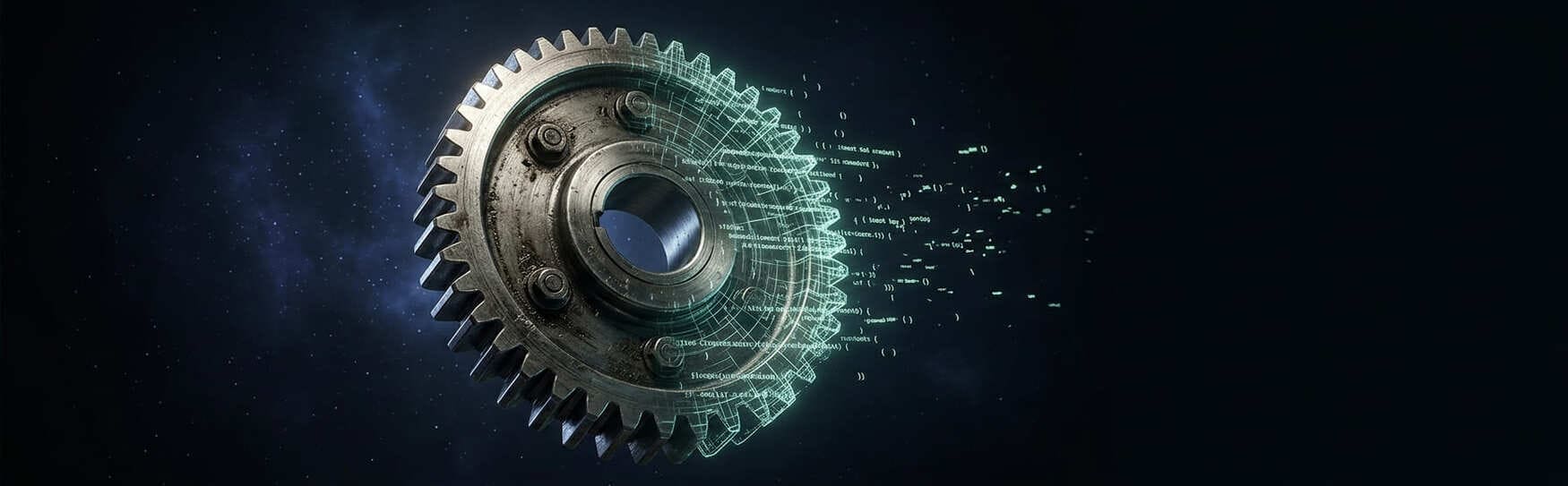 An industrial gear dissolving into lines of code, half machined steel and half glowing text, against a dark background